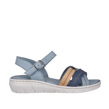 Load image into Gallery viewer, Cabello Baily Blue multi &amp; Tan Multi, Padded Innersole Wedge Heel &amp; Buckle Ankle Strap

