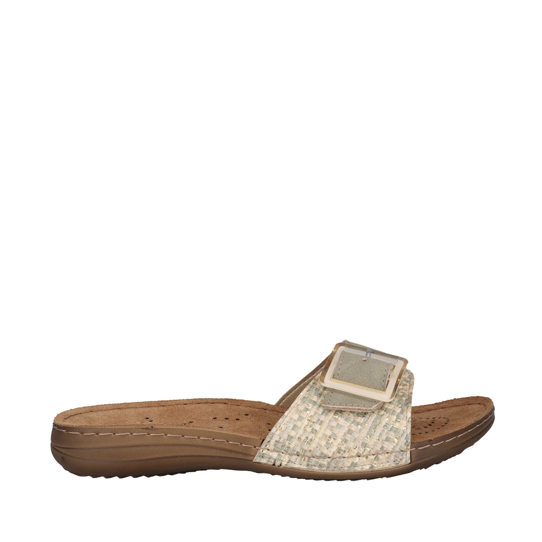 Carla Verde CV761 Pistachio & Tan, Slide, Velcro Front Strap, Synthetic Upper, Leather Innersole & Low Heel